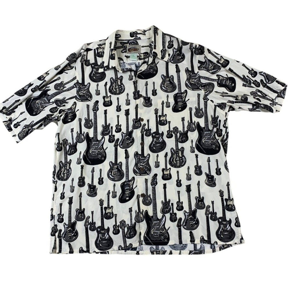 Reyn Spooner Art of Eddy Y Electric Guitar Print Rayon Shirt‎ Mens Large Cream